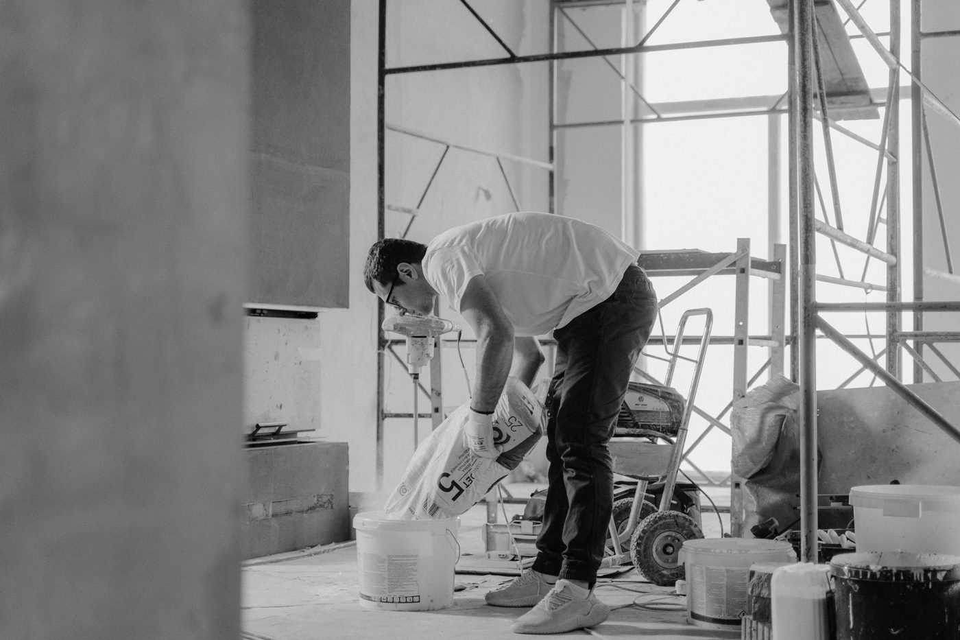 Mixing construction material during a home renovation project
